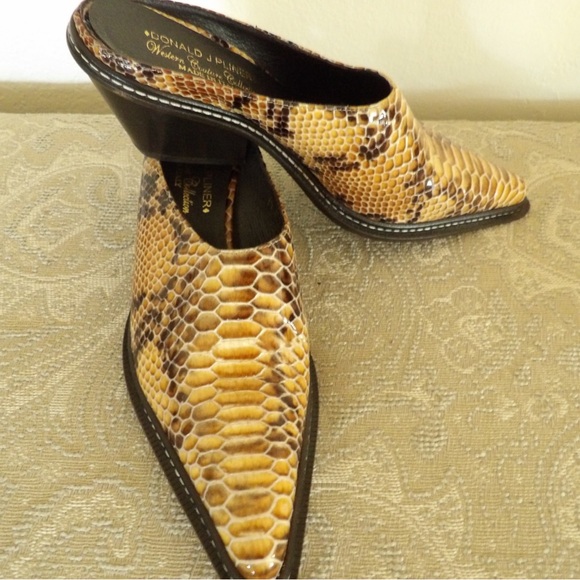 Donald J. Pliner Shoes - Donald J. Pliner Yellow Snake-Print Pointed Mule with Black Heel